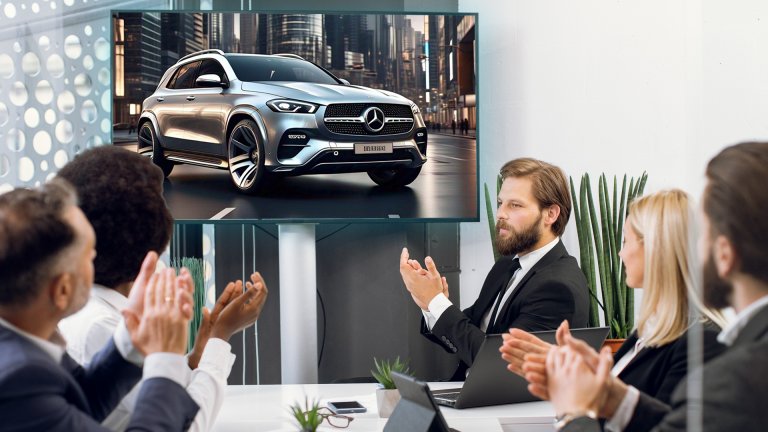 An AI-generated image of a Mercedes SUV on a boardroom wall in a stock photo of executives clapping.