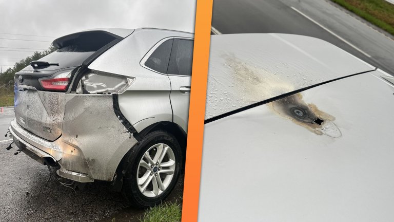 Side-by-side images of the aftermath of a Ford Edge struck by lightning.