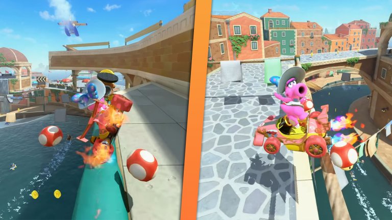 Side-by-side images of Mario Kart World gameplay.