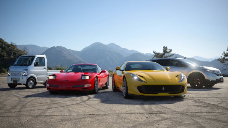 A GT7 Scapes screenshot of the Ferrari 812 Superfast, C5 Chevrolet Corvette Z06, Suzuki Carry, and Honda CR-V.
