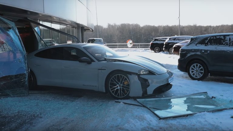 Russian Vlogger Shows Off Porsche Taycan’s Instant Torque by Smashing Through Dealership Window